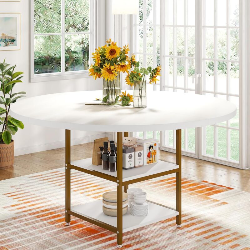 Tribesigns Runder Esstisch für 4 Personen in Weißgold, 120 x 75 cm (Durchmesser x H), Industrie-Stil, Holzküchentisch Großer Esstisch mit Regal für