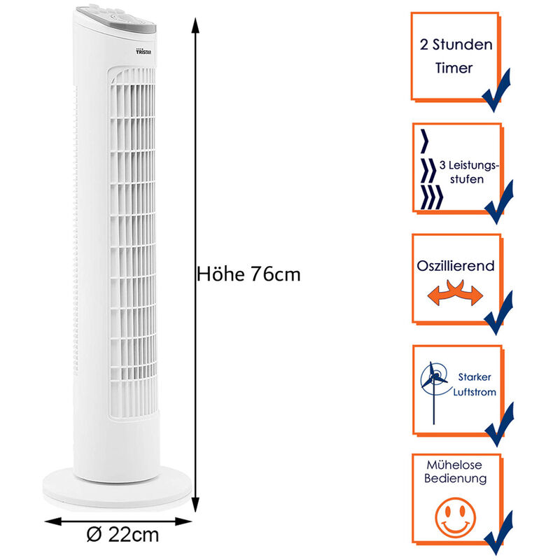 Turmventilator Weiß Oszillierend, Timer, 76cm