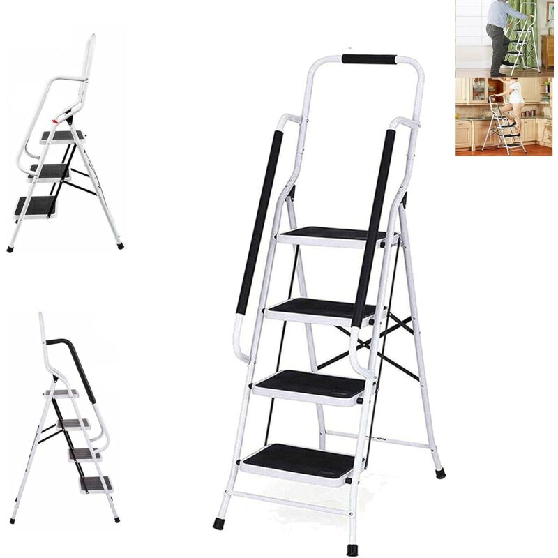 Trittleiter 4 Stufen Klappbar mit handlauf und Rutschfester Stufen, Klapptritt Klappleiter Klapptreppe Stehleiter Haushaltsleiter Leiter Leiter,