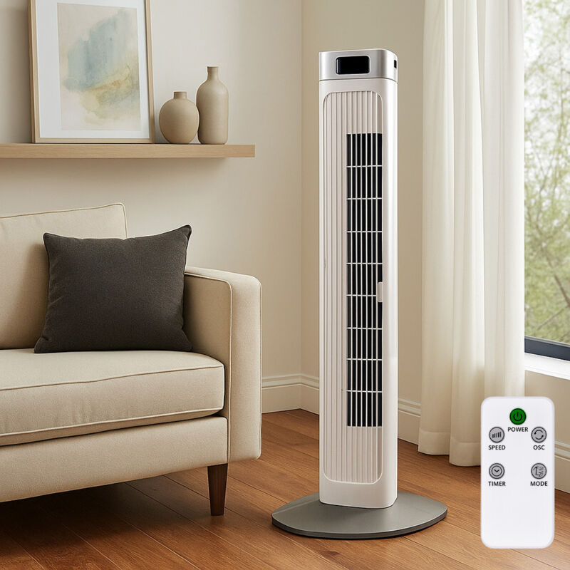 Turmventilator weiß Ventilator Standlüfter oszillierend, Fernbedienung LED Display Sommer Winter Modus, Höhe 95,5 cm