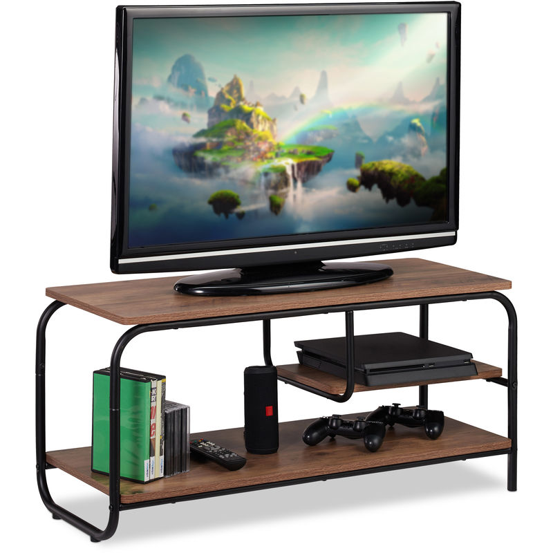 Relaxdays - tv Board, Industrie Design, Receiverablage, Stauraum CDs & DVDs, Fernsehtisch HxBxT 43x90x35 cm, braun/schwarz