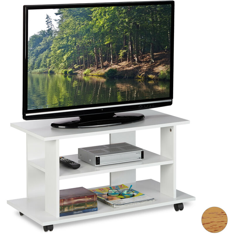 Relaxdays - tv Board mit Rollen, 2 Fächer für Fernseher, Konsole & Receiver, fahrbarer Fernsehtisch, hbt 45x80x40 cm, weiß
