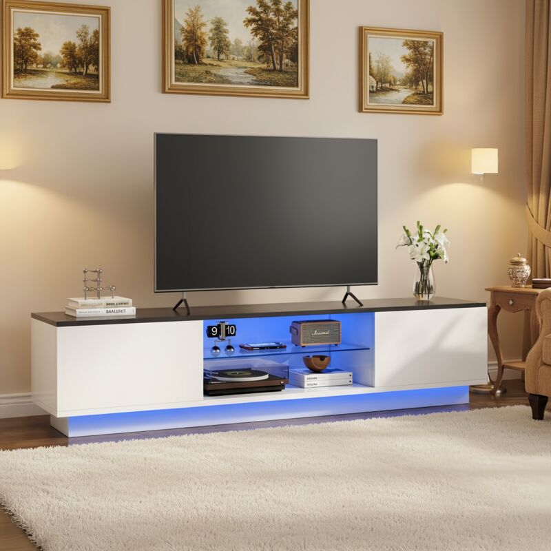 TV-Möbel 160, TV-Möbel mit integrierter LED-Leiste – 2 Türen ohne Griffe und offenes Fach, modernes Design – Naturholz