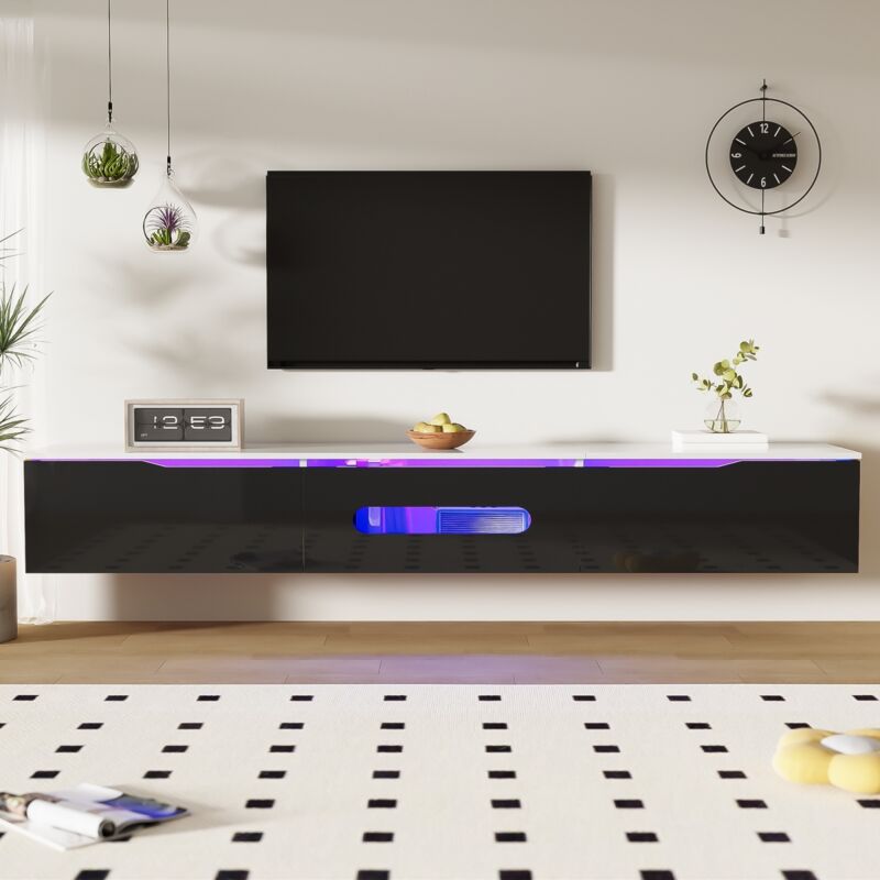 TV-Möbel 180x35x30 cm – hängendes TV-Möbel – mit LED-Beleuchtung in 16 Farben – 3 Türen – glänzende Oberfläche – geeignet für Wohn- und Schlafzimmer