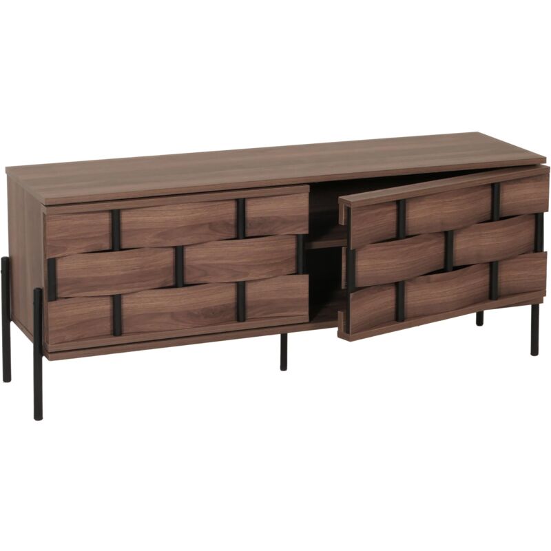 TV-Rack HHG 608, Fernsehtisch Lowboard TV-Schrank Kommode, Staufächer, 3D-Flecht-Design Push-to-open Türen 120cm, braun
