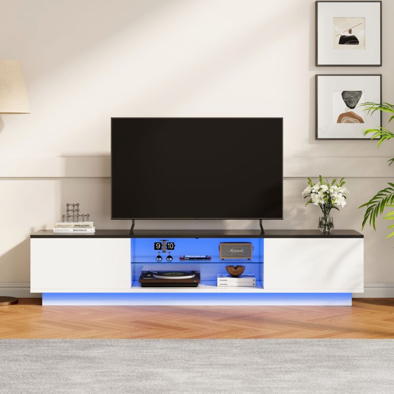 TV-Schrank 160 cm, Moderner Stil mit LED, 2 Türen und Glasregalen, Für Fernseher bis zu 75' – Weiß