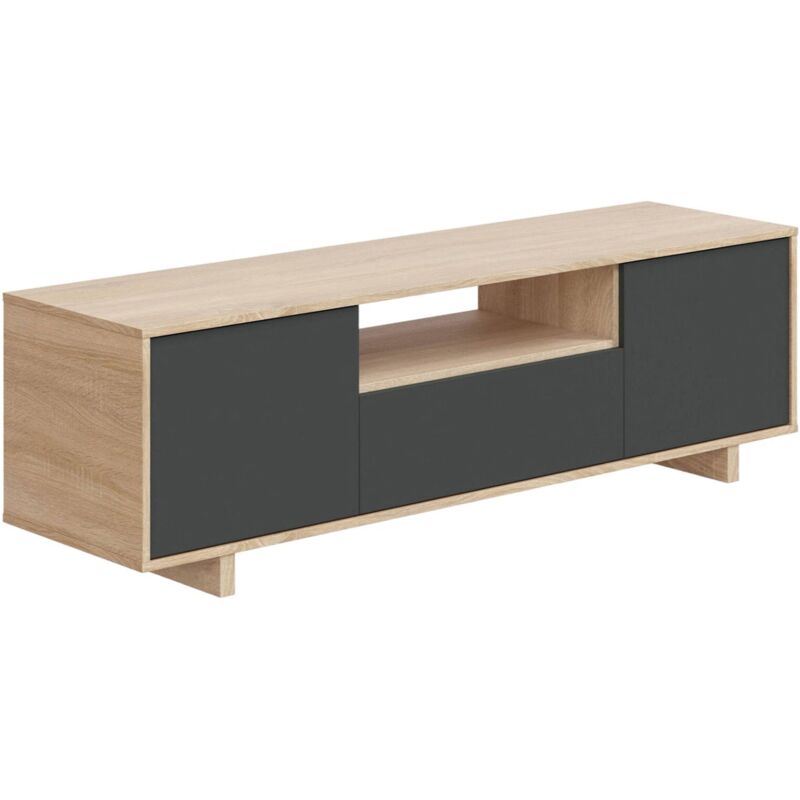TV-Ständer Visalia, Wohnzimmer TV-Sideboard, 3-türiger TV-Ständer, Niedriges Sideboard für Wohnzimmer, cm 150x41h46, Eiche