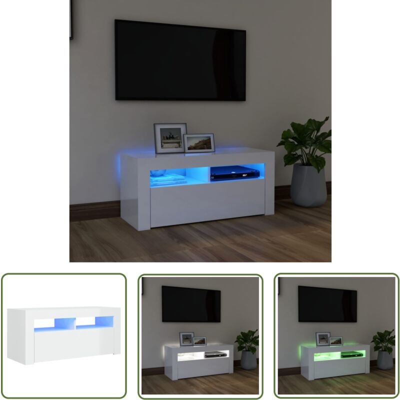 Maison Chic - The Living Store TV-Schrank mit LED-Leuchten Hochglanz-Weiß 90x35x40 cm - tv Schrank - Fernsehtisch - Wohnzimmer Möbel - led