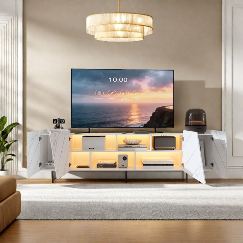 TV-Schrank 220 cm, LED-Beleuchtung, mit offenen Regalen und zwei Schränken, Marmoroptik, geeignet für das Wohnzimmer, weiß