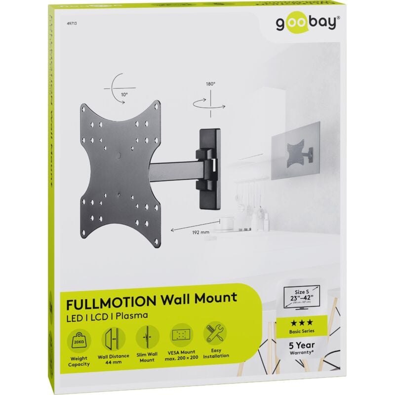 Goobay - TV-Wandhalterung Basic fullmotion (s), Halterung für Fernseher von 23 bis 42 Zoll (58-107cm), vollbeweglich (schwenkbar und neigbar) bis 20