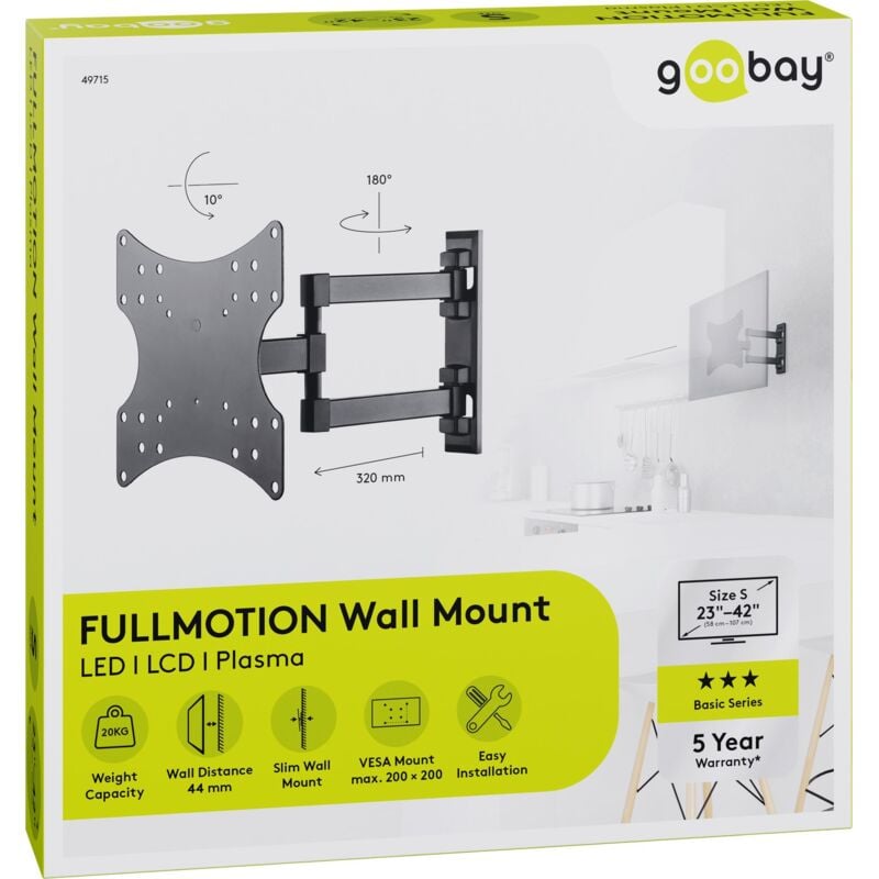 Goobay - TV-Wandhalterung Basic fullmotion (s), Halterung für Fernseher von 23 bis 42 Zoll (58-107cm), vollbewegliches Doppelarmgelenk (schwenkbar