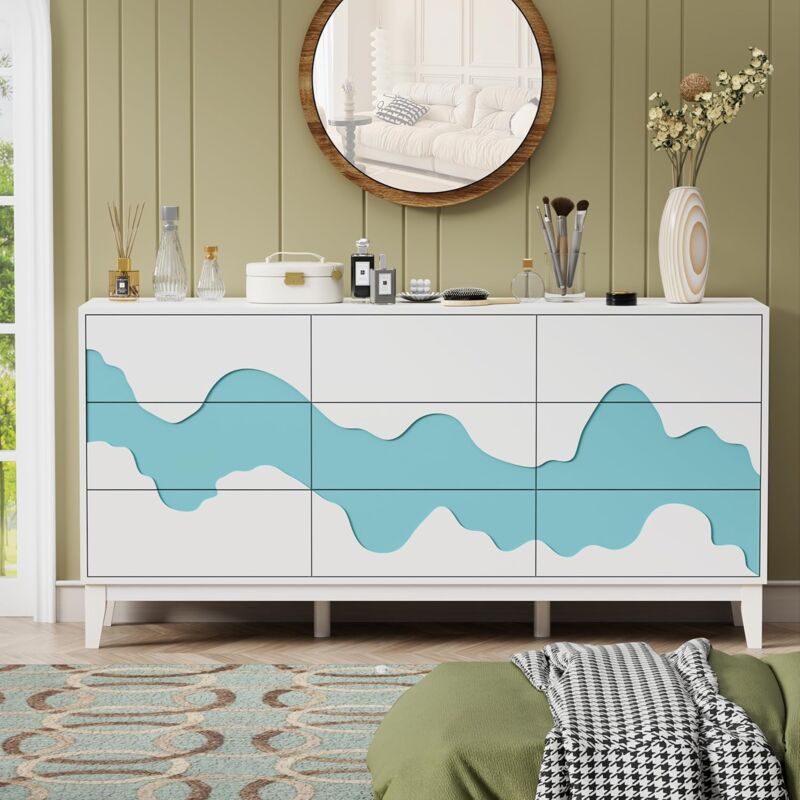 Kommode mit 9 Schubladen 160x40x78,5cm Modern Design mit Wellenmuster, tv Board, Aufbewahrungsschrank, Schmal kommode, Buffet, Sideboard für