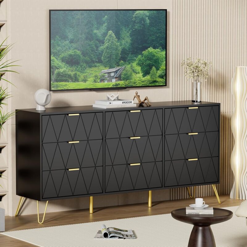 Kommode mit Schublanden, 150x34x74cm, Schrank mit 9 Schublanden, Modernes Sideboard, tv Board, Aufbewahrungsschrank, Schmal kommode, Buffet, Schrank