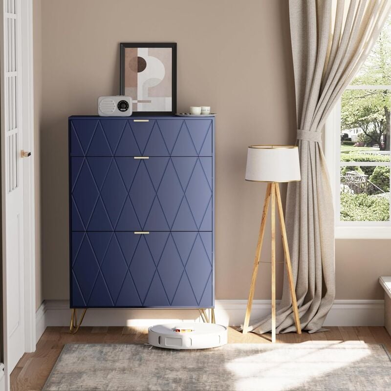 Schuhschrank mit 2 Klappen, 80 x 24 x 120 cm für 16 Paar Schuhe mit 1 Schubladen, Schuhschrank Blau, Schuhkipper Schmal, Schrank Flur Schuhkommode im