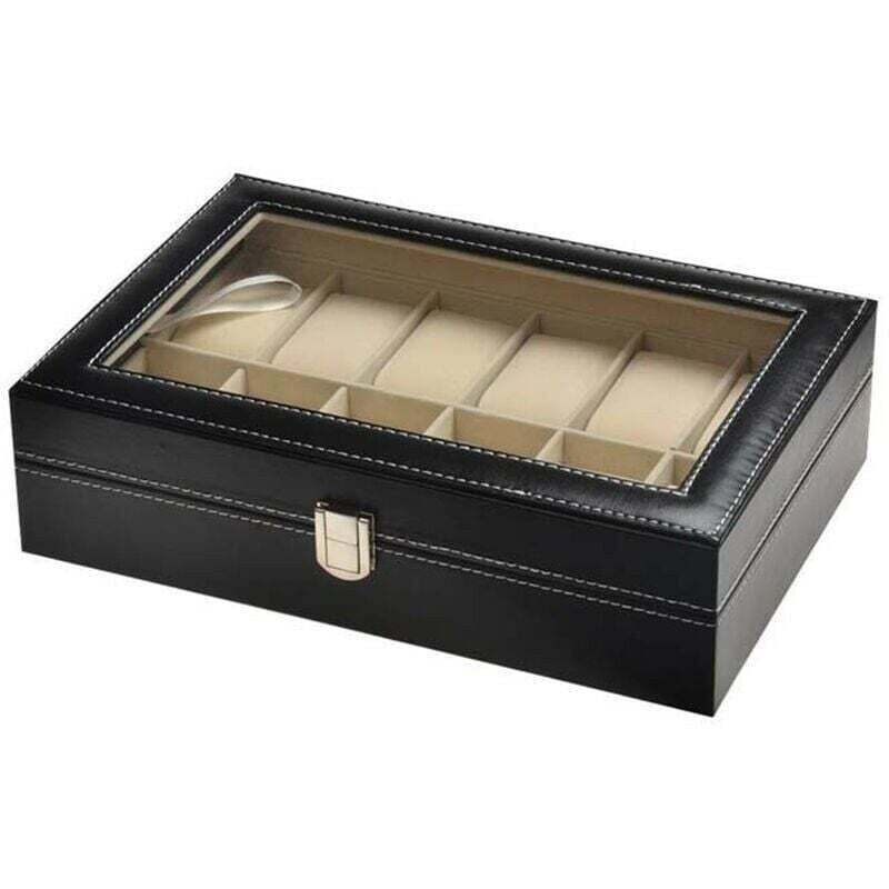 Uhrenbox, Aufbewahrungsbox für 12 Uhren, Uhrenbox, Uhren-Organizer, schwarzes Uhrenetui aus Kunstleder