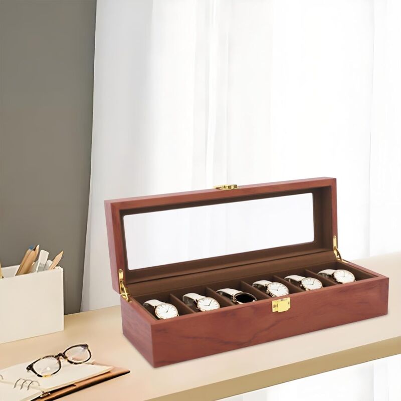 Uhrenbox mit 6 Fächern, Glasdeckel & Uhrenkissen, Vintage Uhrenschatulle aus Holz mit Samt Innenfutter, Schmuck Organizer für Armbanduhren, Geschenk