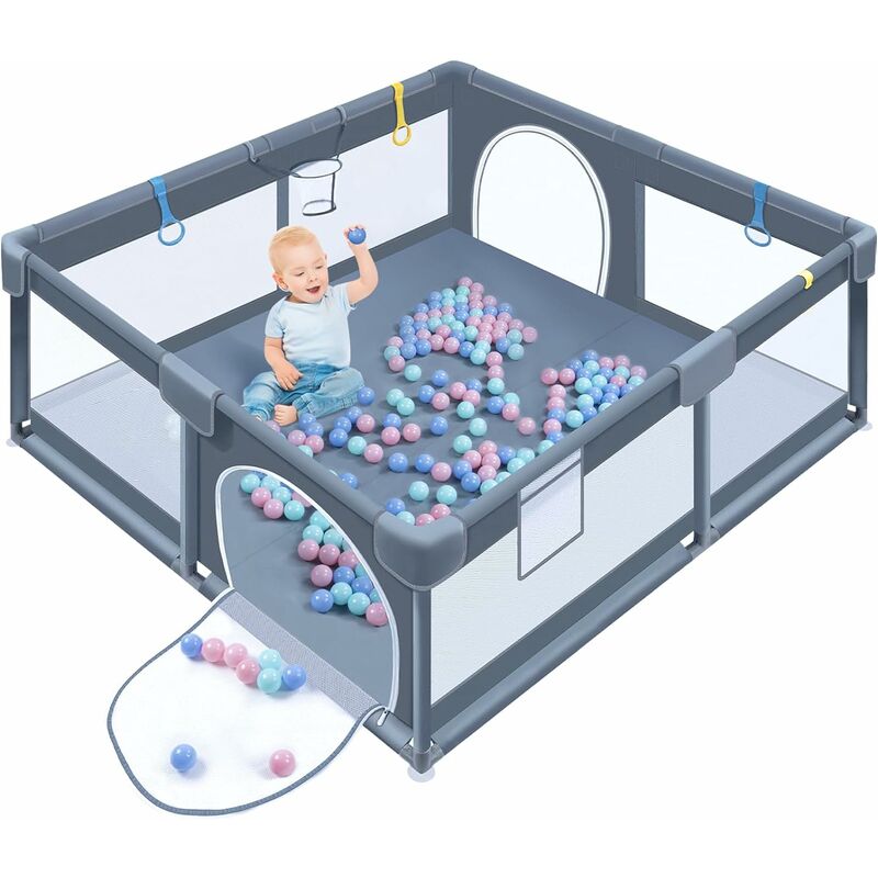 UISEBRT Baby Laufstall Laufgitter 180cm Baby Bettgitter Rausfallschutz Bett mit 50 Bälle, 4 Griffe, Aufbewahrungstasche, Korbnetz (Dunkelgrau)