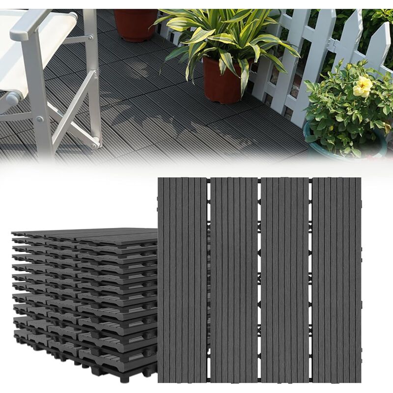 Balkon Bodenbelag wpc Terrassenfliesen Holzoptik Balkonfliesen Klicksystem Klickfliese Kunststoff Klick Fliesen für Garten Balkon Terrasse (30x30cm,