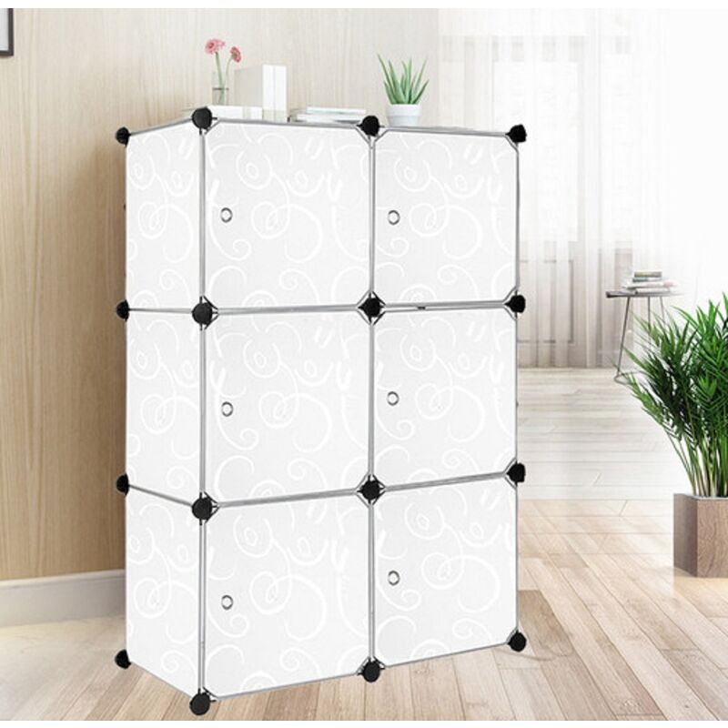 Diy Regalsystem Kleiderschrank aus Kunststoff Steckregal Kleiderschrank Garderobenschrank Schuhregal Kunststoffboxen, 6 Boxen mit Tür, Weiß mit
