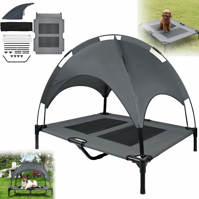 Hundeliege mit Dach, Erhöhtes Hundebett Atmungsaktiv, Taftstoff, Outdoor Mittelgroße und Große Hunde Haustierbett für Indoor & Outdoor, l (92 x76 x