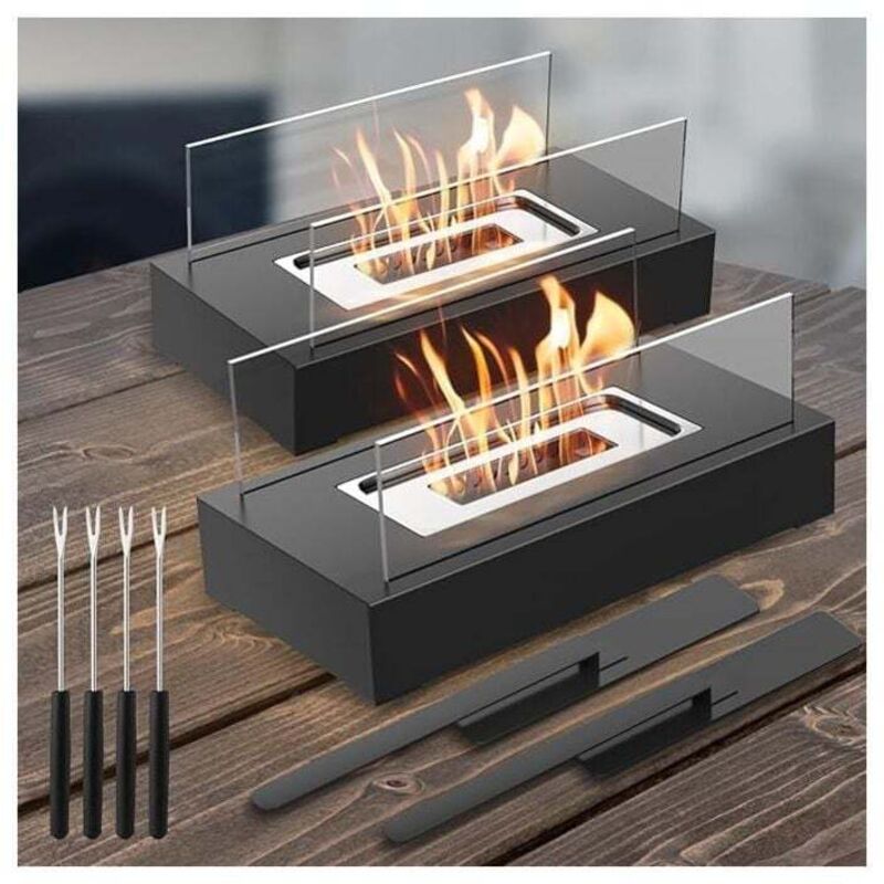 Ulisem 2er-Set Tischkamine, Innen und Außen, Ethanol-Tischkamine für Terrasse, Garten, Wohnzimmer, Familienessen, Party, Muttertag (Schwarzes Metall)