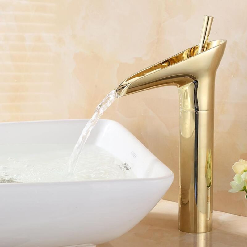 Badezimmer-Wasserhahn, Wasserfall-Waschbecken-Wasserhahn, Wasserfall-Mischbatterie, hoher Badezimmer-Wasserfall-Waschbecken-Wasserhahn, goldener