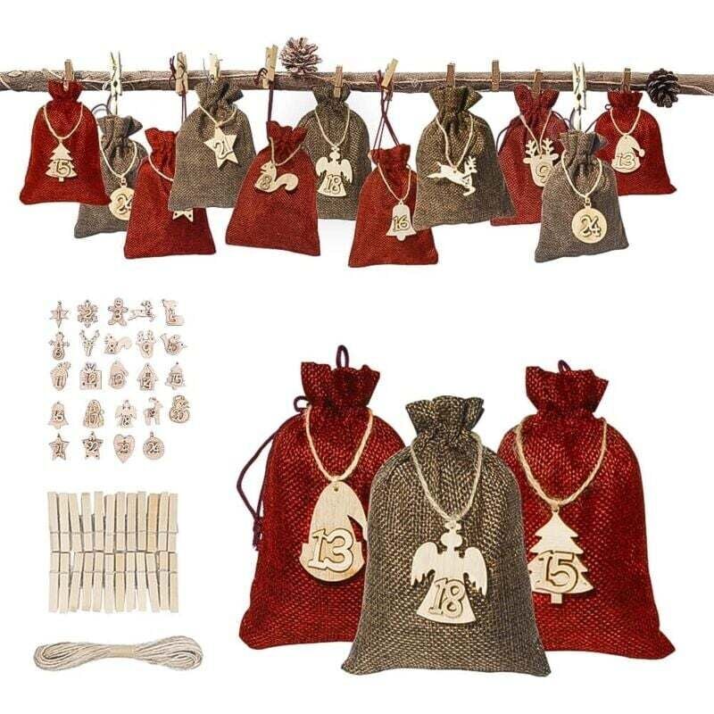 Ulisem DIY Adventskalender, Weihnachtskalender 2024 zum Befüllen mit Adventszahlen, Holzanhänger, Weihnachtsgeschenk, Stoffbeutel für Männer, Frauen,