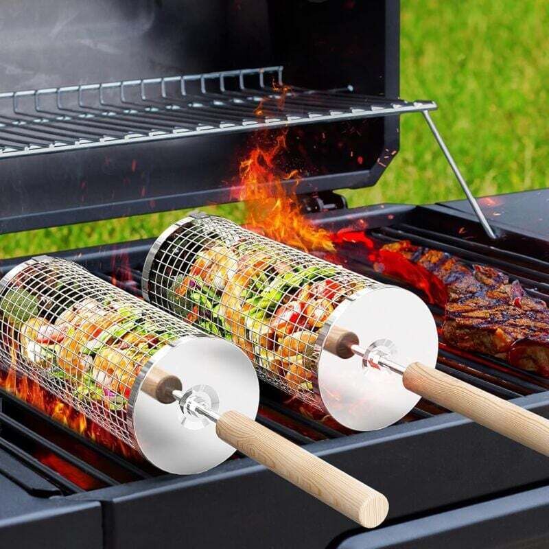 Ulisem304 Nistkorb-Set aus Edelstahl mit abnehmbarem Griff, Gemüse-Garnelen-Grillzubehör, Camping-Holzkohlegrill, Geschenk für Männer, Väter,