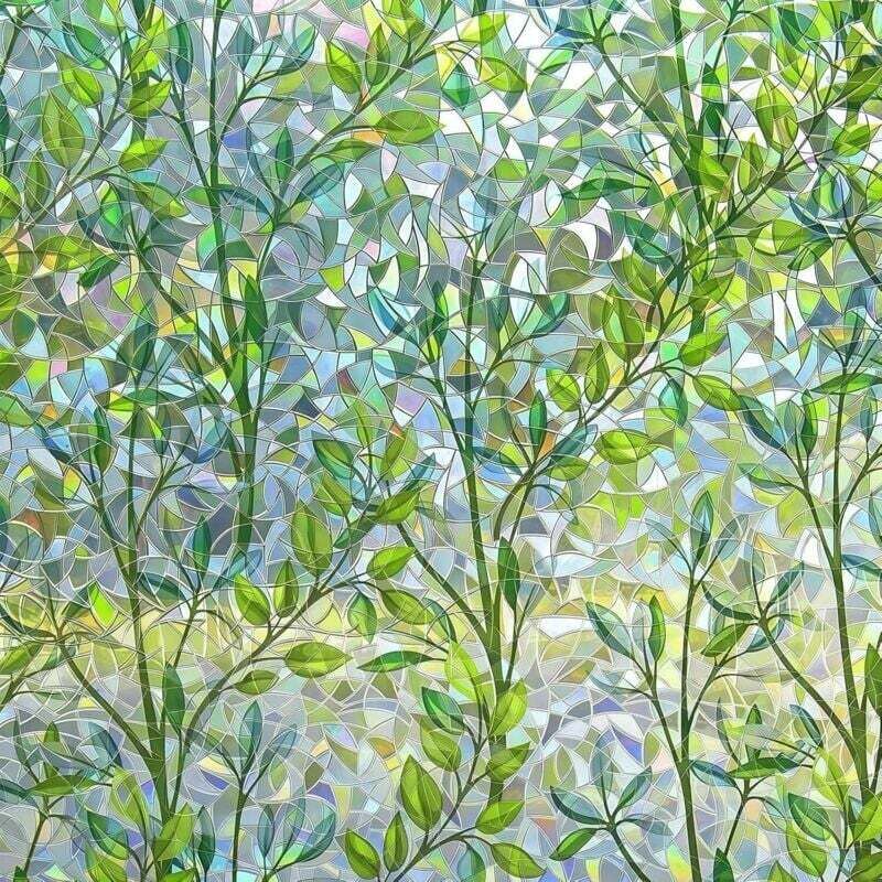 Ulisem Dekorative Fensterfolie mit grünen Blättern und durchbrochenem Gitter, dekorative statisch haftende Fensterfolie (90 x 200 cm)