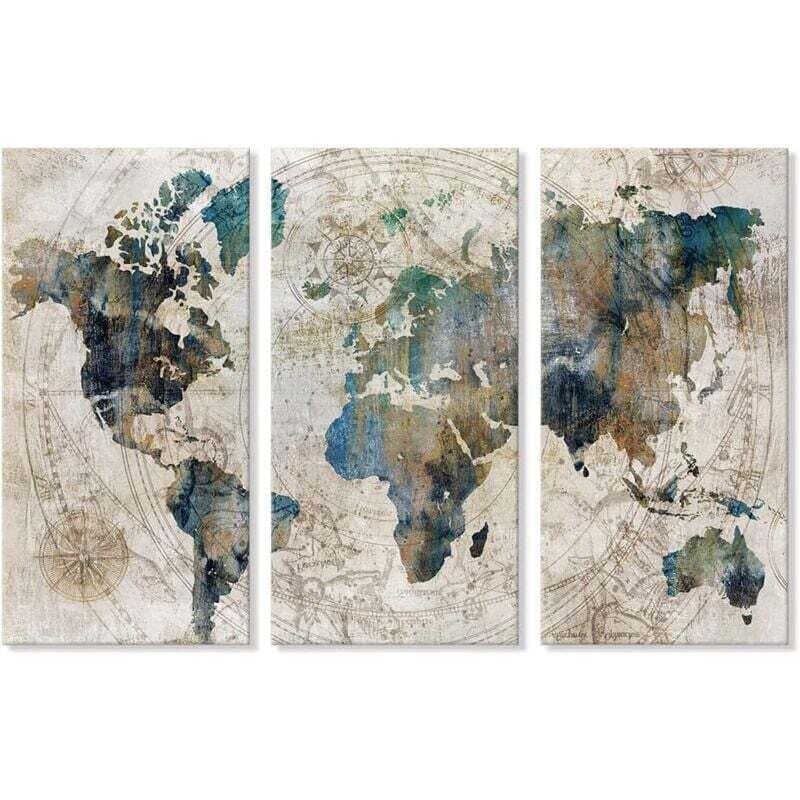 UlisemVintage-Weltkarte, Leinwanddruck, großes Poster, Cyanblau, Wandkunst, Dekor für Wohnzimmer, Schlafzimmer, Büro, Küche, 30 x 60 cm, 3-teilig