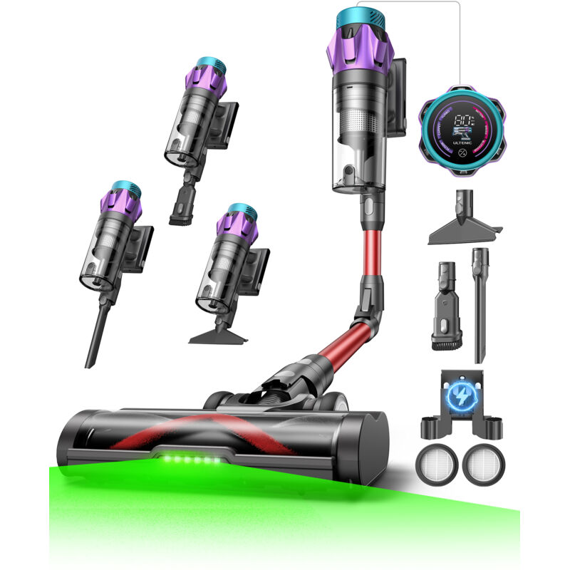 Ultenic Akku Staubsauger UF18P,kabellos,55KPA, 80 Minuten Laufzeit, 1,5 Liter, Touchscreen, Bürste für Teppich Hartböden Tierhaare, Rot