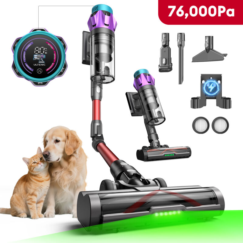 Ultenic Akku Staubsauger UF18P,kabellos,55KPA, 80 Minuten Laufzeit, 1,5 Liter, Touchscreen, Bürste für Teppich Hartböden Tierhaare, Rot