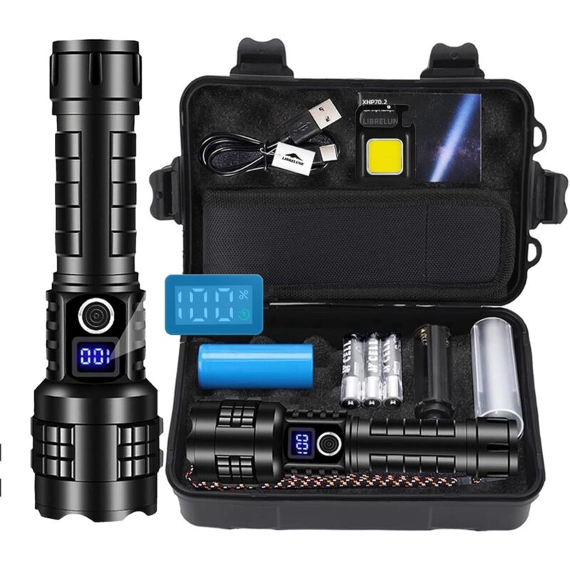 Ultrastarke LED-Taschenlampe, 500.000 Lumen, IP67 wasserdichte taktische Taschenlampe, wiederaufladbare USB-Taschenlampe, 5 Beleuchtungsmodi,