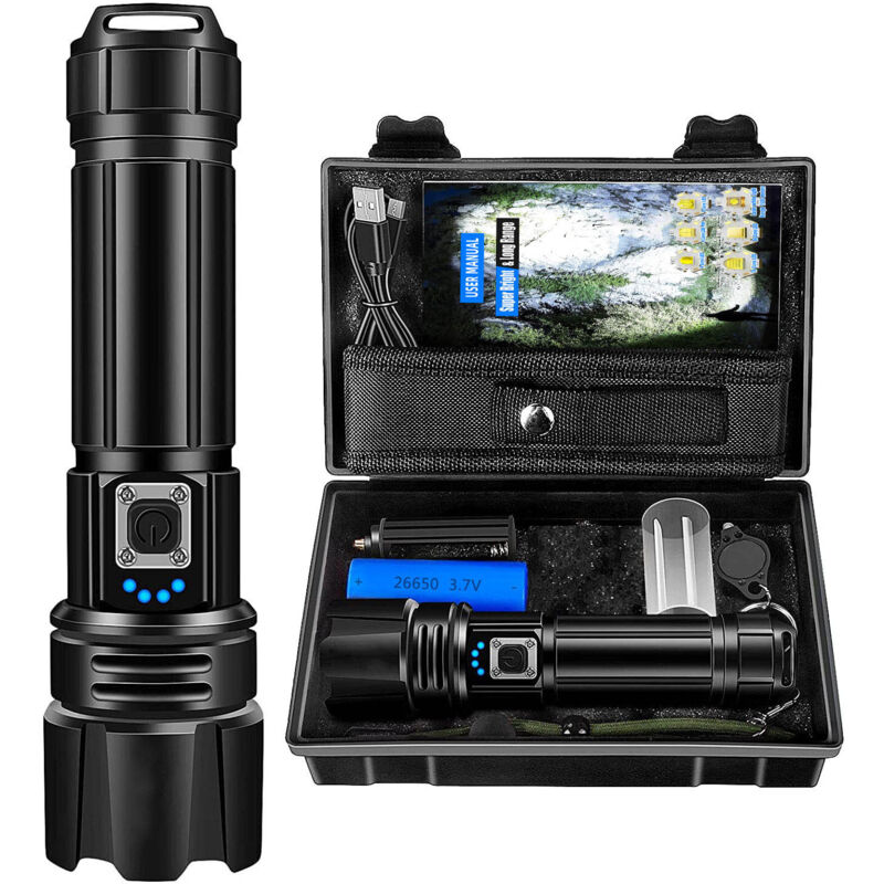 Ultrastarke LED-Taschenlampe, wiederaufladbare Taschenlampe, taktische Taschenlampe, 26650-Akku, IPX4 wasserdicht, 5 Modi und zoombar für