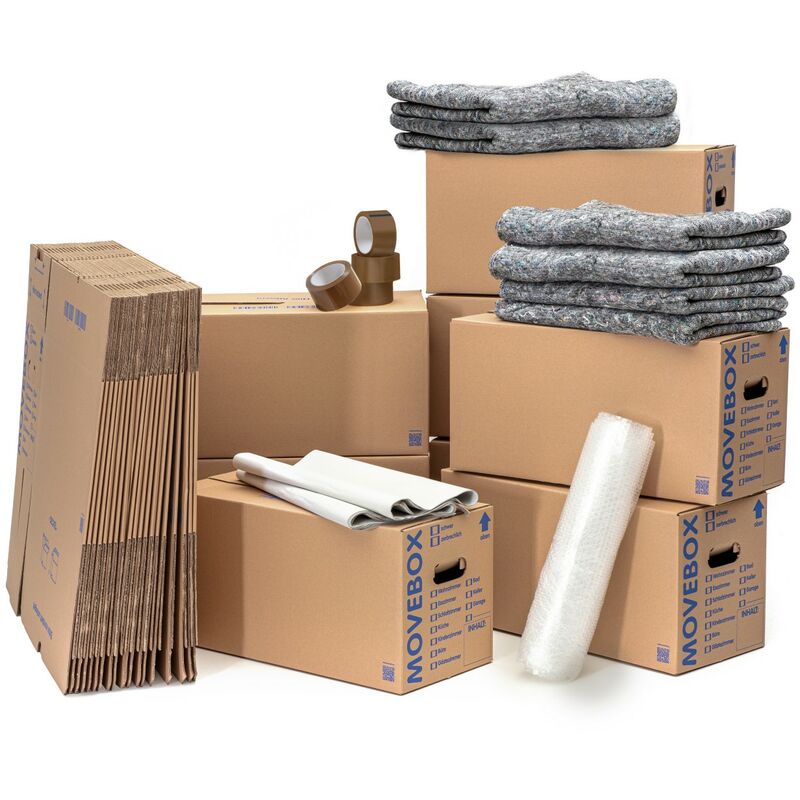 Umzugsset 3-4 Zimmer Wohnung Umzugskartons Packseide Luftpolsterfolie Klebeband Umzugsdecken
