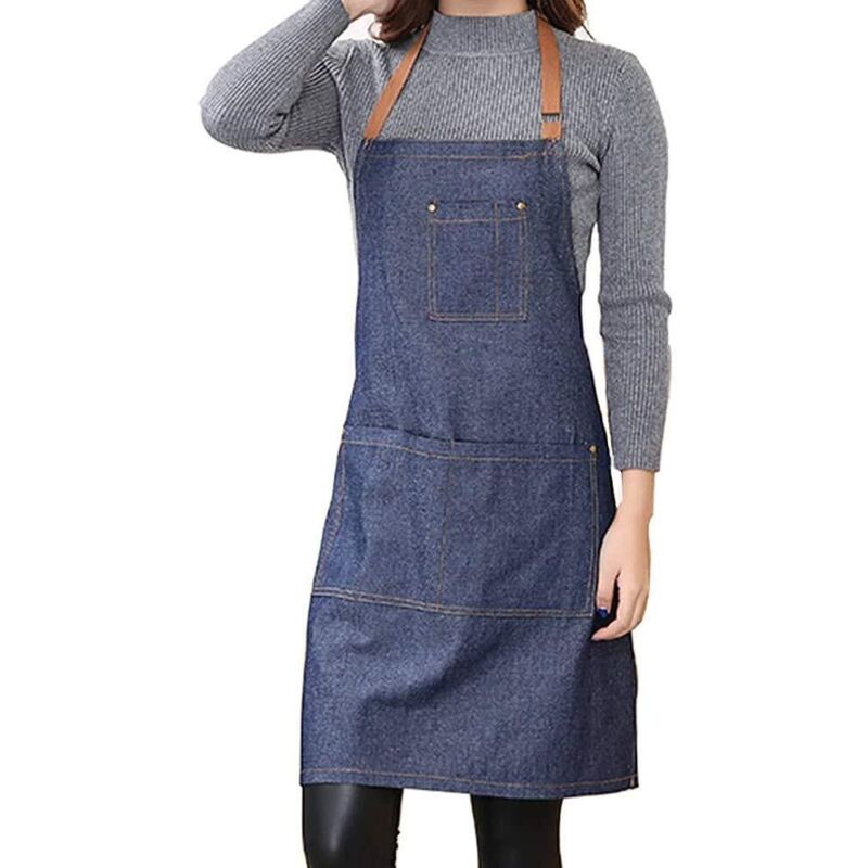 Unisex-Jeansschürze mit Taschen. Verstellbare Küchenschürze aus Jeansstoff mit 3 Taschen. Geeignet für Küche, Garten und Restaurant.