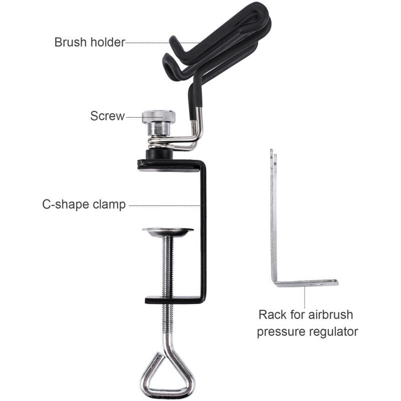 Universeller Airbrush-Halter, C-förmiger Klemm-Airbrush-Ständer mit 2 Bürstenhaltern und seitlicher Halterung für Druckregler, Tisch-Airbrush-Ständer