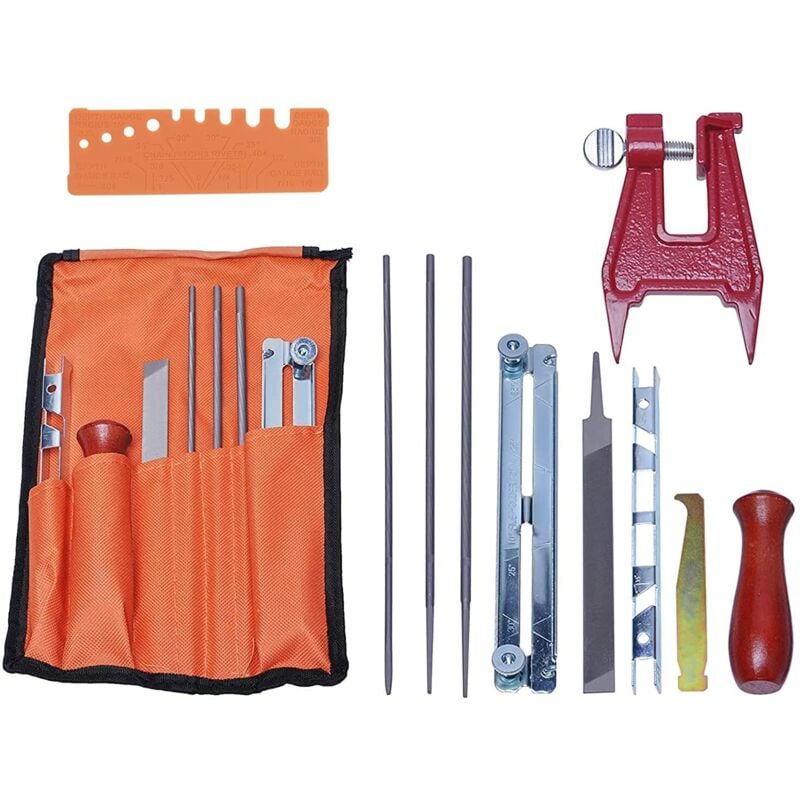 Universelles Kettensägen-Schärfset, Kettensägen-Feilenset mit Feilen, Holzgriffen, Tiefenmesser, Polierführung, Werkzeugtasche und Bankschrauben
