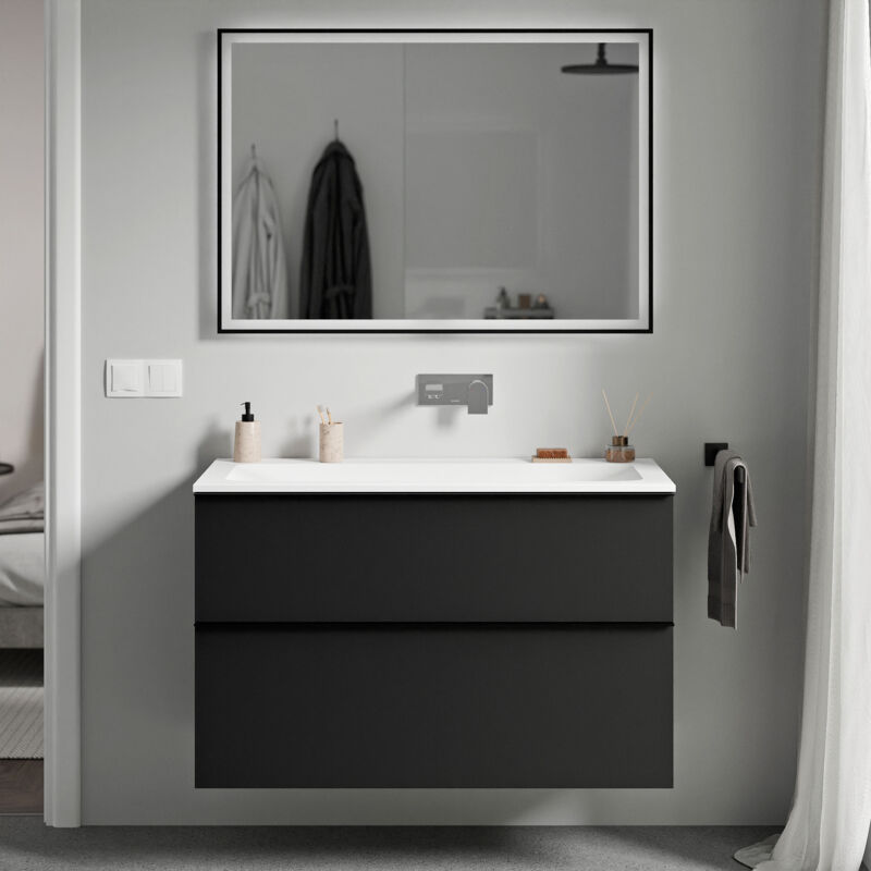 Badmöbel Unterschrank Bernstein lavoa 100cm mit Mineralguss Waschbecken cream Badmöbel: Schwarz matt, Metallgriff: Anthrazit matt, Waschbecken: Weiß