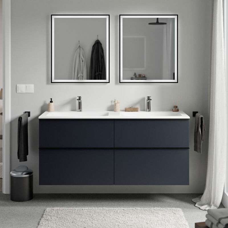 Badmöbel Unterschrank Bernstein lavoa 120cm mit Mineralgussbecken cream Badmöbel: Mitternachtsblau matt, Metallgriff: Schwarz matt, Waschbecken: Weiß