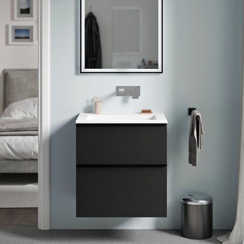 Badmöbel Unterschrank Bernstein LAVOA 60cm mit Mineralguss Waschbecken BRUXELLES Badmöbel: Schwarz matt, Metallgriff: Schwarz matt, Waschbecken: Weiß