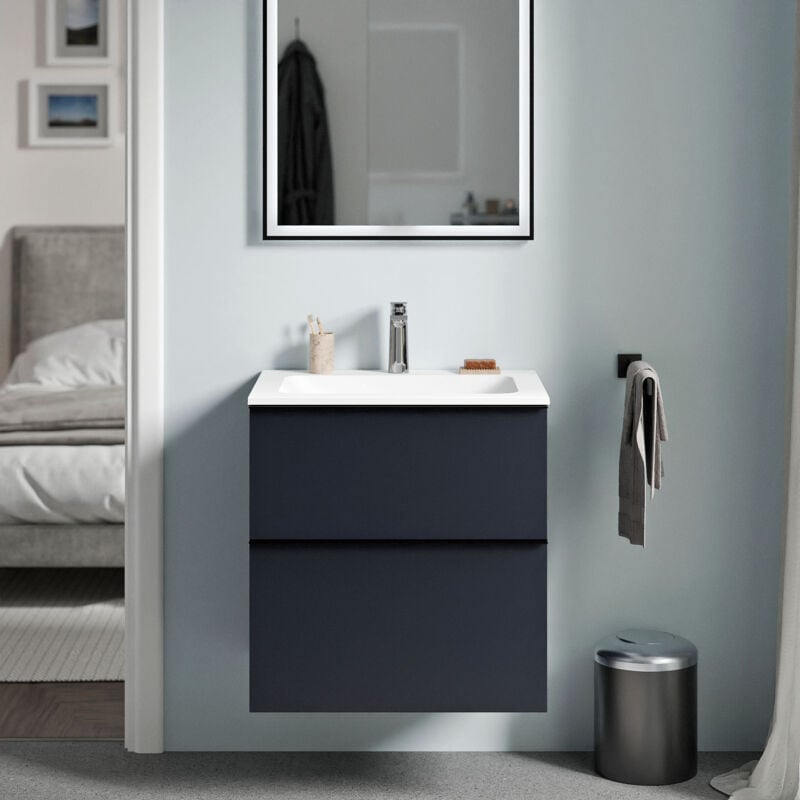 Badmöbel Unterschrank Bernstein lavoa 60cm mit Mineralguss Waschbecken cream Badmöbel: Mitternachtsblau matt, Metallgriff: Schwarz matt, Waschbecken: