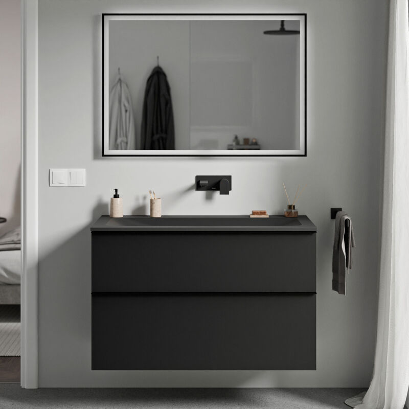 Badmöbel Unterschrank Bernstein lavoa 80cm mit Mineralgussbecken cream Badmöbel: Schwarz matt, Metallgriff: Anthrazit matt, Waschbecken: Schwarz matt