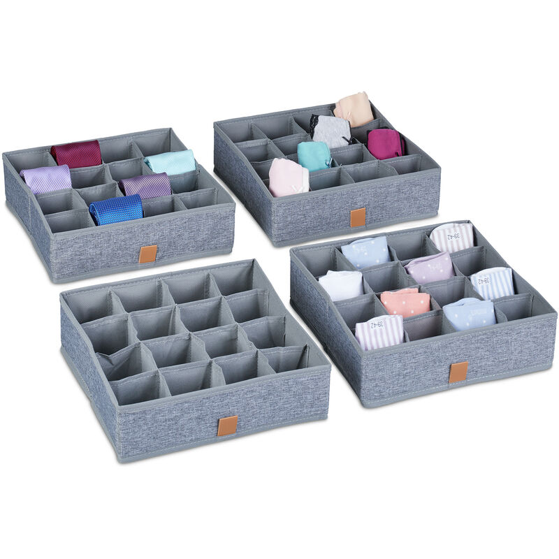 Relaxdays Unterwäsche Organizer, 4er Set, Schrank Aufbewahrungsbox für Socken & Unterwäsche, Organisationsboxen, grau