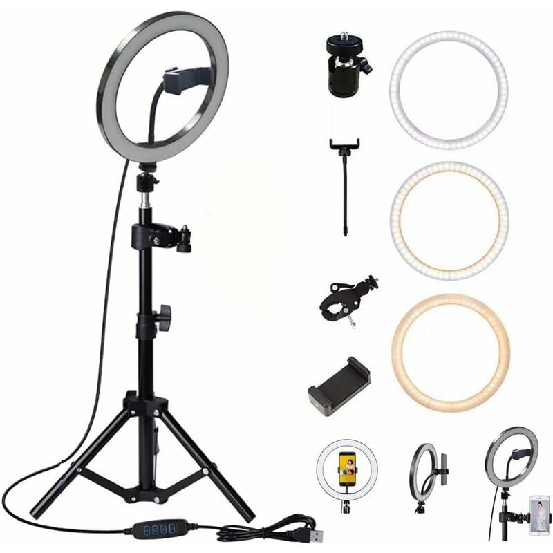Usb led Ringlicht Ringleuchte Fotolicht Studiolicht Lampe Selfie Handy Stativ, Dimmbare Blitzgeräte mit Fernbedienung, 10 Zoll / 26CM Licht Kreis