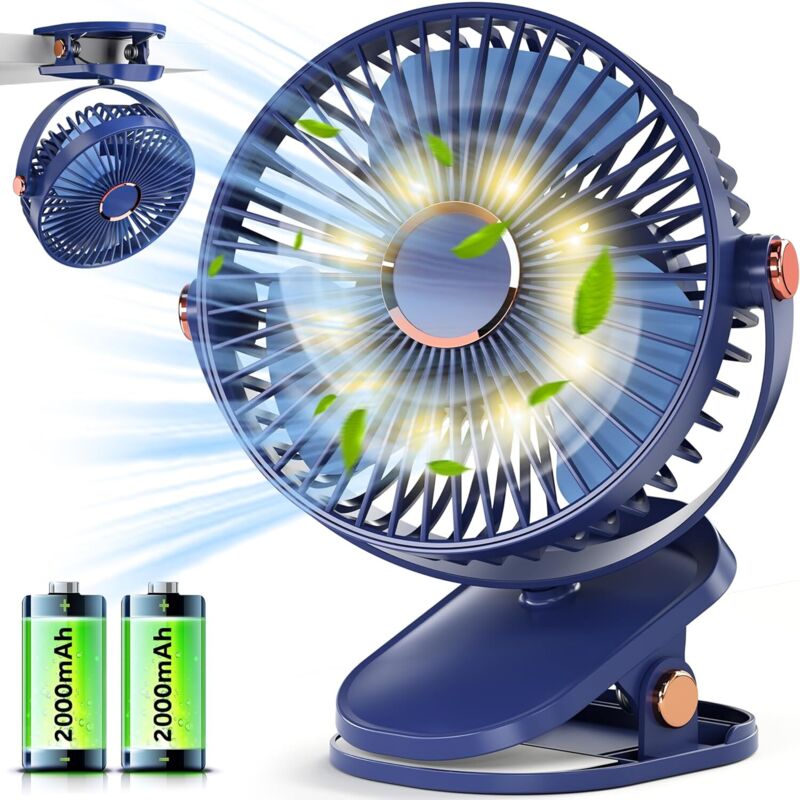 USB-Ventilator – Kleiner Tischventilator mit LED, 4000 mAh wiederaufladbarer Clip-Ventilator, Elektrischer Schreibtischventilator Leise, 15h+
