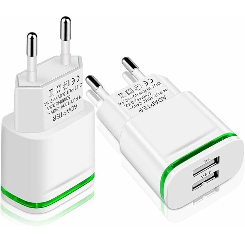 USB-Wandladegerät, 2er-Pack, 2,1 A, 5 V, 2 Anschlüsse, Universal-Netzteil, LED-Ersatz für iPhone 11 XR X XS Max 8 7 6 6S Plus 5S, Samsung