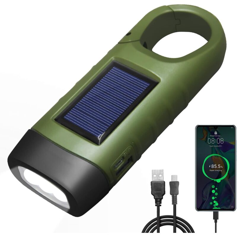 USB-wiederaufladbare LED-Taschenlampe, Dynamo-Taschenlampe zum Aufladen des Telefons, solarbetriebene wiederaufladbare Taschenlampe mit