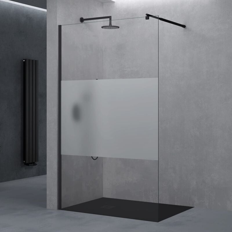 Luxus Duschwand für Dusche Duschabtrennung 110x200cm Schwarz Walk-In Dusche 8mm ESG-Sicherheitsglas Milchglas-Streifen inkl. Nanobeschichtung