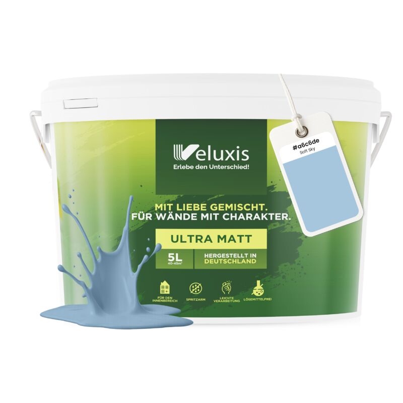 Veluxis® Edle Wandfarbe Blau für den Innenraum - 5 Liter & Deckkraft-Klasse 1, Streifenfrei, tropfarm & Öko Farbe, VOC-frei - (Soft Sky)